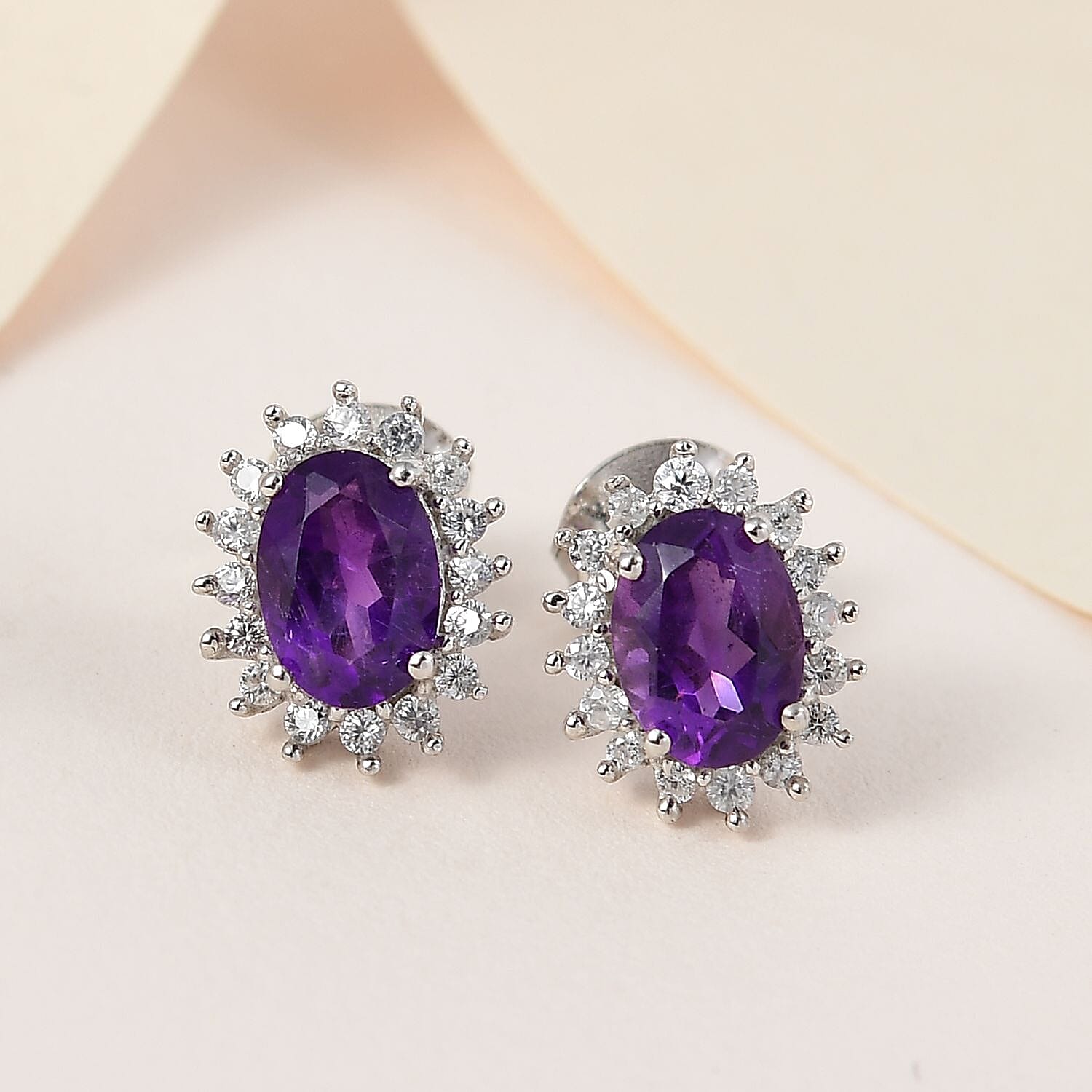 Amethyst and Natural Zircon Stud Halo Earrings in Platinum Overlay Sterling Silver 1.82 Ct.